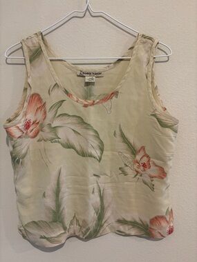 100% Silk tank top 2 inch wide sleeves with hibiscus flower and leaves design